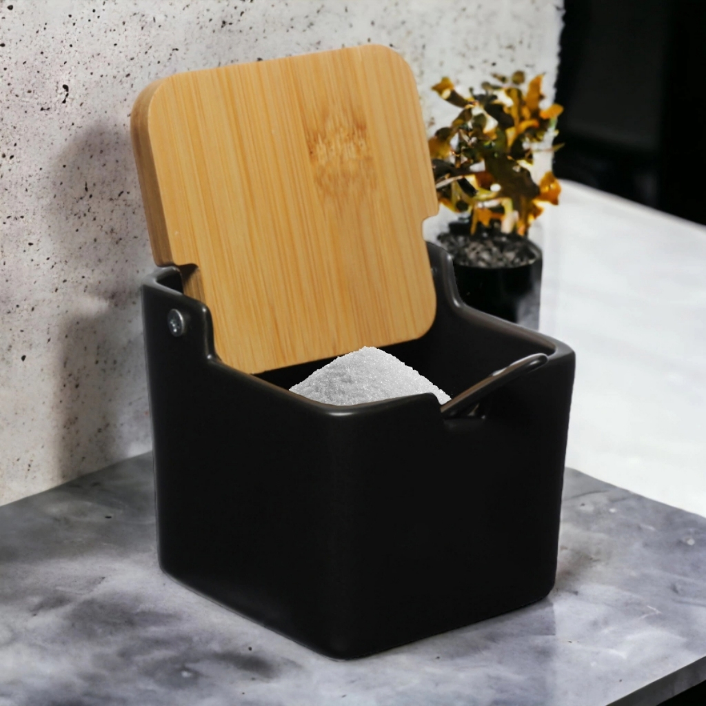 Saleiro Manhattan Premium Em Porcelana Com Tampa De Bambu Preto