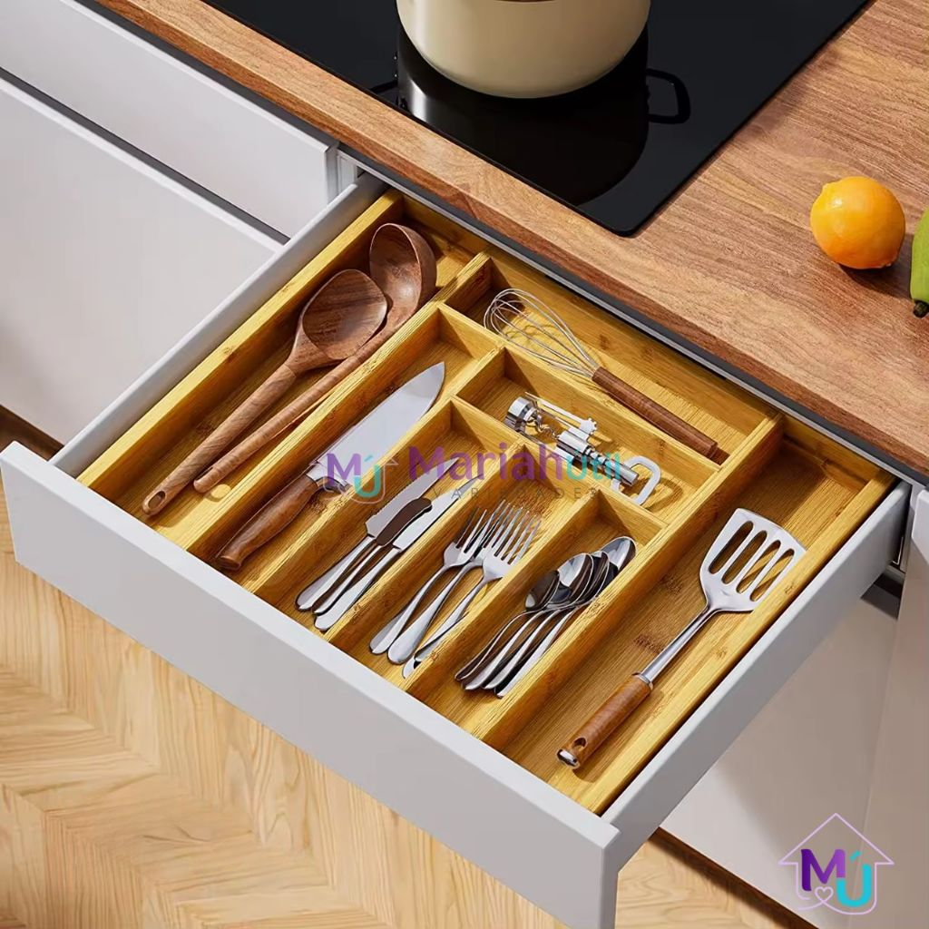 Porta Talheres Gaveta Bambu 7 e 8 Divisorias Ajustavel Extensivel Organizador Utensilios Cozinha