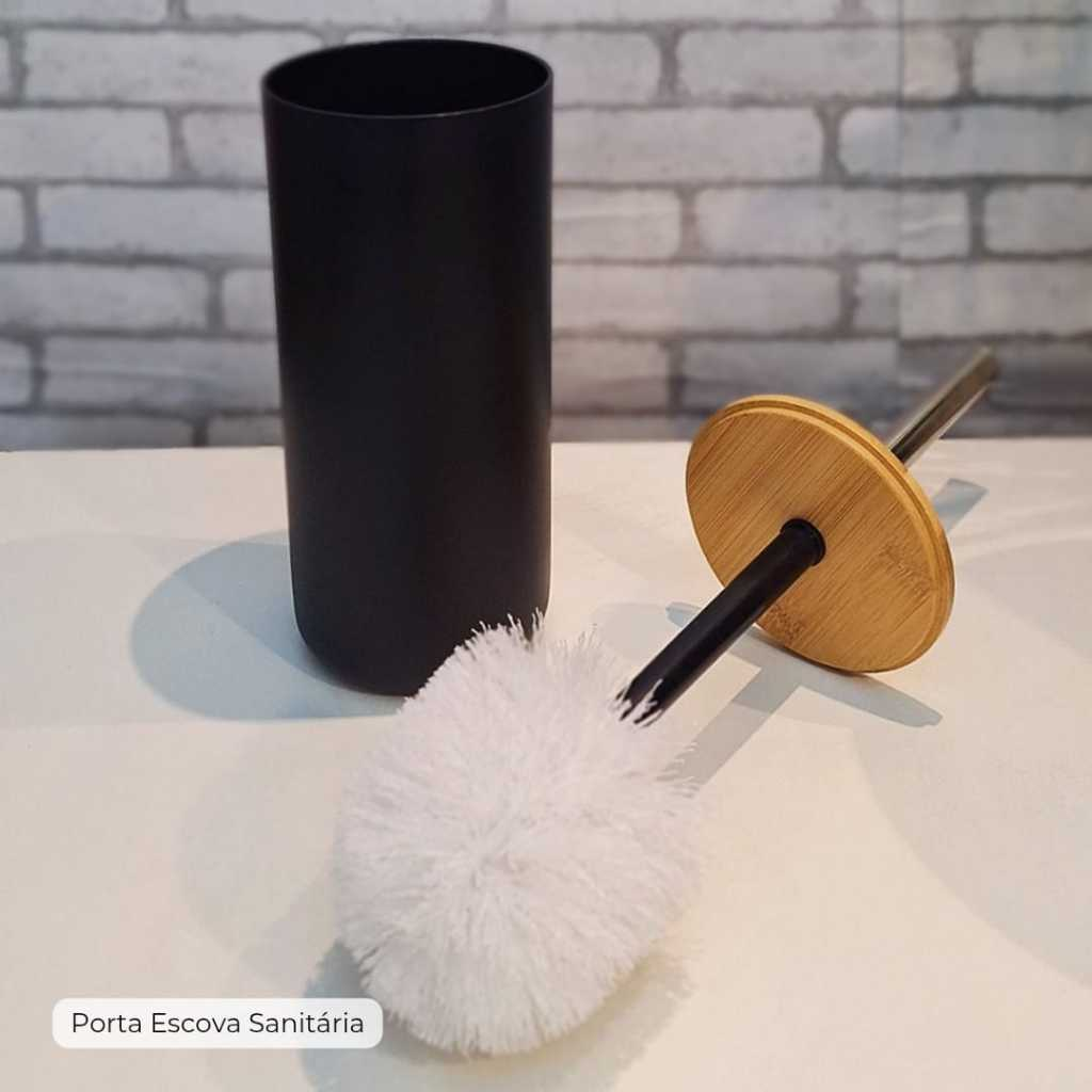 KIT BANHEIRO PRETO LAVABO detalhes em bambu lixeira com tampa de bambu lavabo escova sanitária