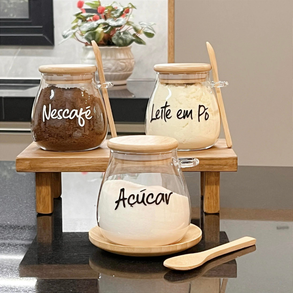 Kit 02 Pote De Vidro Oval 500ML 850ML 1100ML Tampa Bambu Hermético Com Colher SEM ADESIVO MIMI