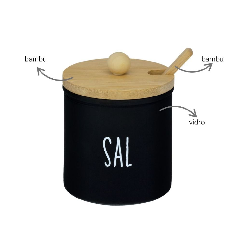 Kit de Saleiro + Açucareiro 300ml Com Tampa e Colher de Bambu Preto Branco Porta Sal Açucar