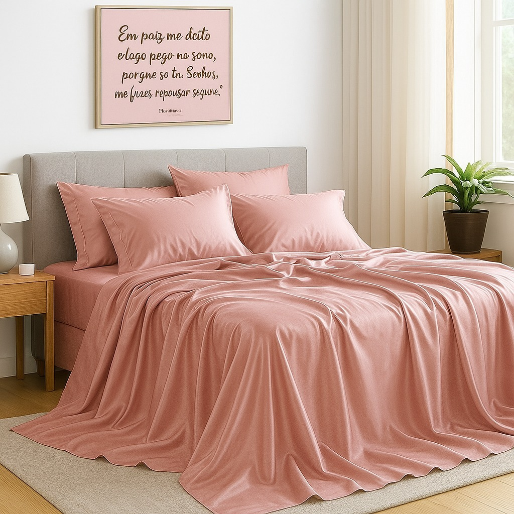 Kit Lençol de Cetim com Elástico e Fronhas – Toque Macio, Brilho Luxuoso e Conforto Incomparável