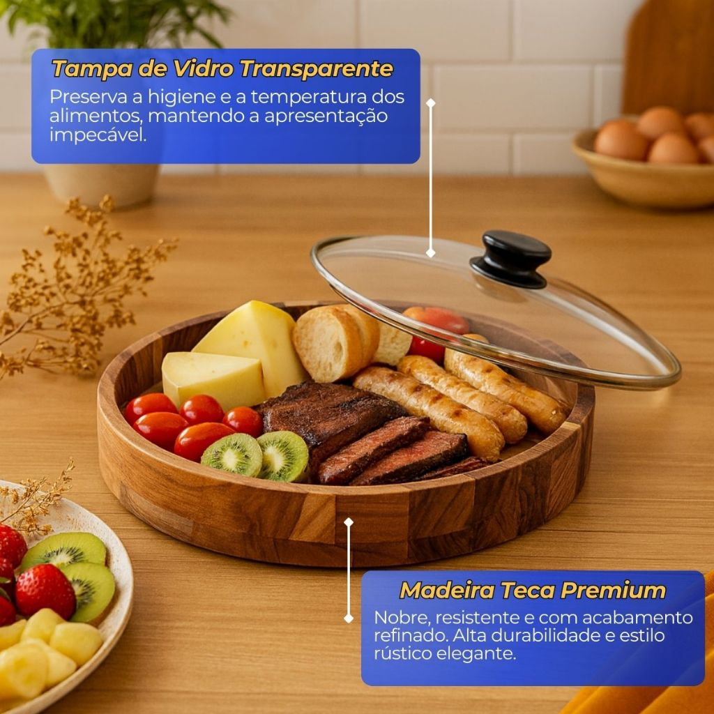 Gamela 30cm em Madeira Churrasco Porções com Tampa de Vidro