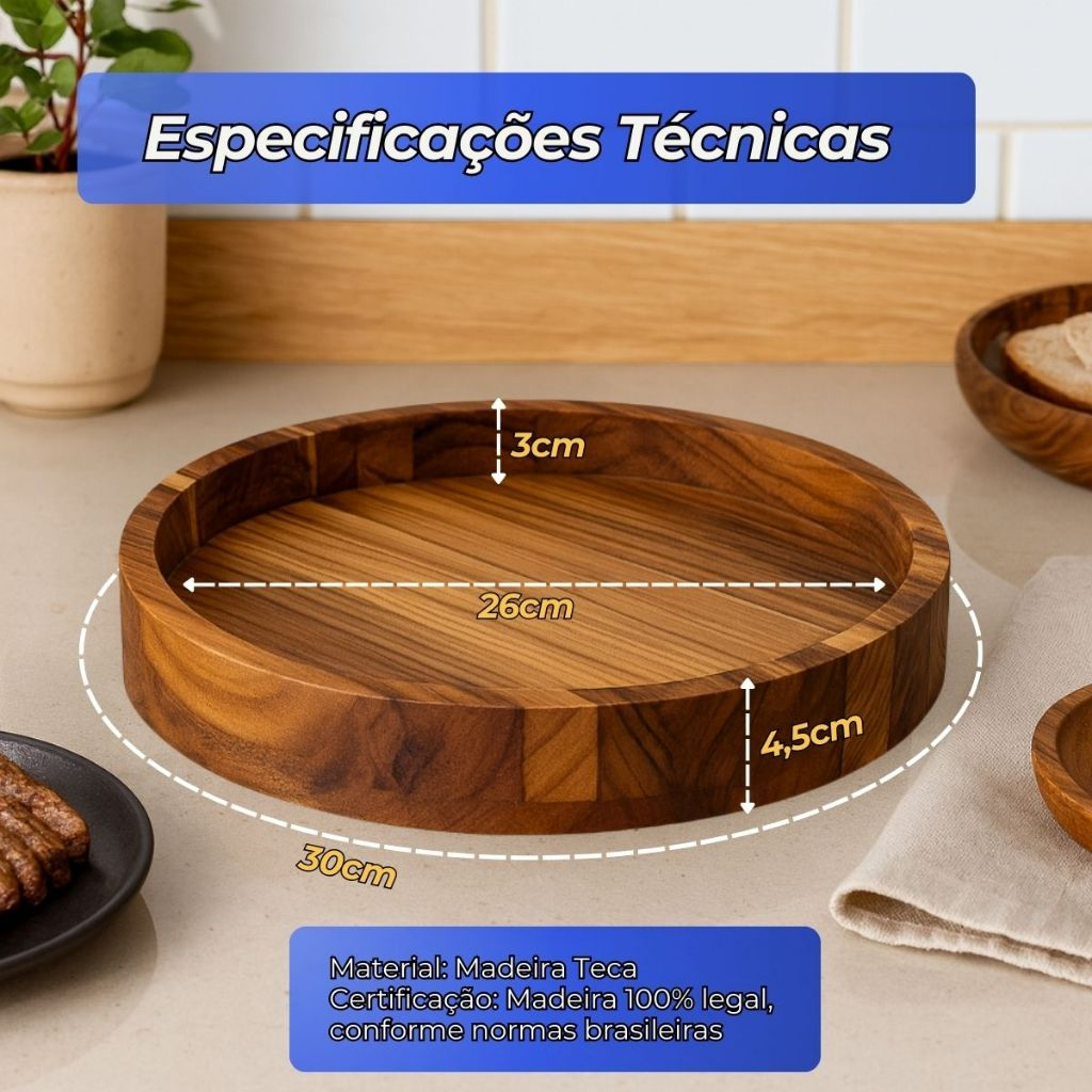 Gamela 30cm em Madeira Churrasco Porções com Tampa de Vidro