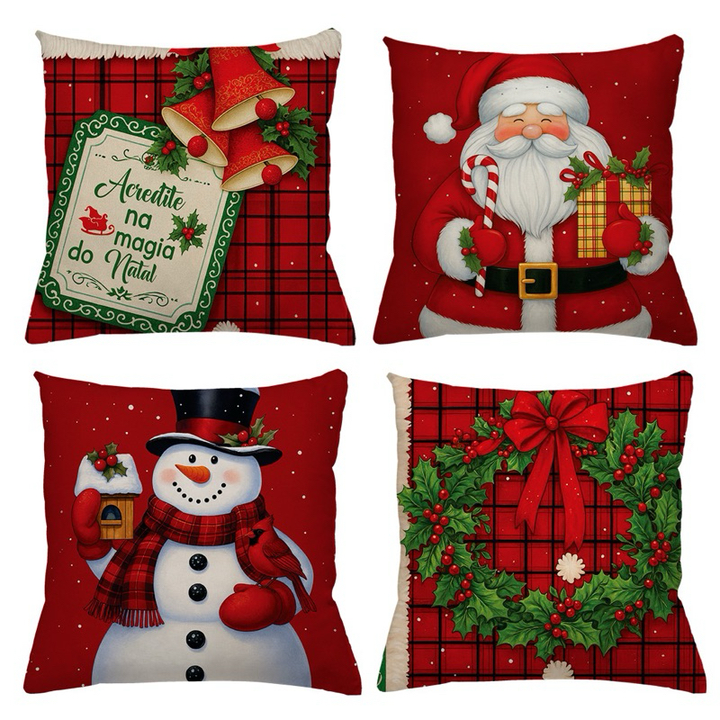 KIT 4 CAPAS DE ALMOFADAS DECORATIVAS NATAL PAPAI NOEL ,BONECO DE NEVE E RENA - TAMANHO 45X45