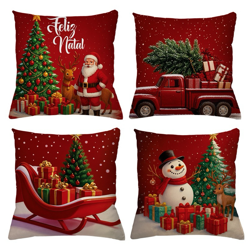 KIT 4 CAPAS DE ALMOFADAS DECORATIVAS NATAL PAPAI NOEL ,BONECO DE NEVE E RENA - TAMANHO 45X45