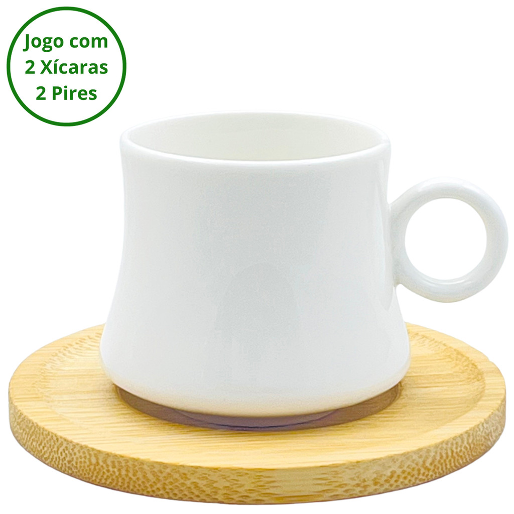 Jogo de Xícaras Café Porcelana com Pires de Bambu 2pçs 60ml 2° Linha
