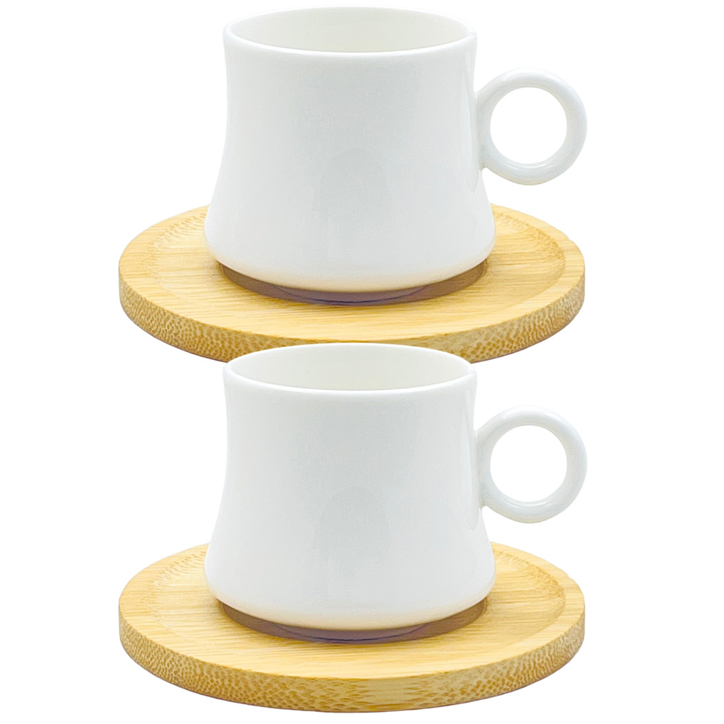 Jogo de Xícaras Café Porcelana com Pires de Bambu 2pçs 60ml 2° Linha