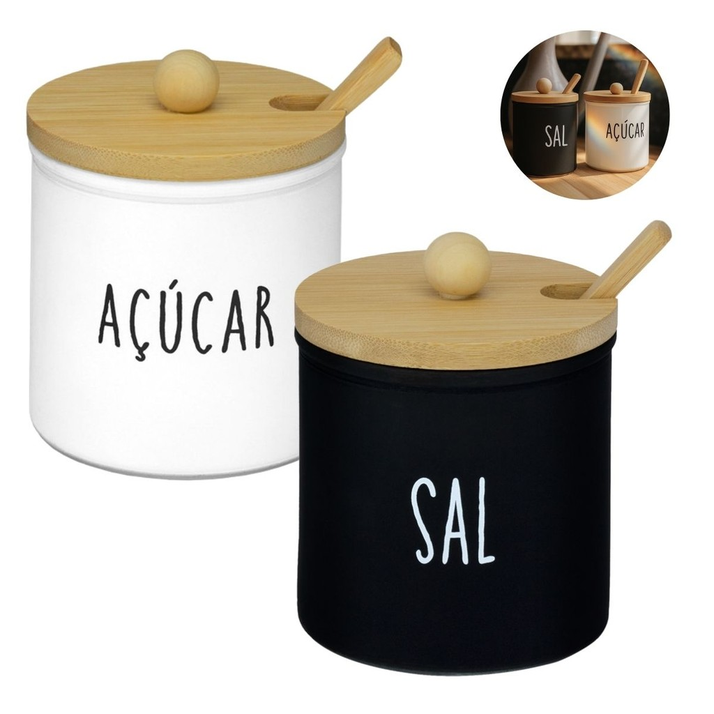 Kit Saleiro & Açucareiro 300 ml com Tampa e Colher de Bambu – Preto/Branco
