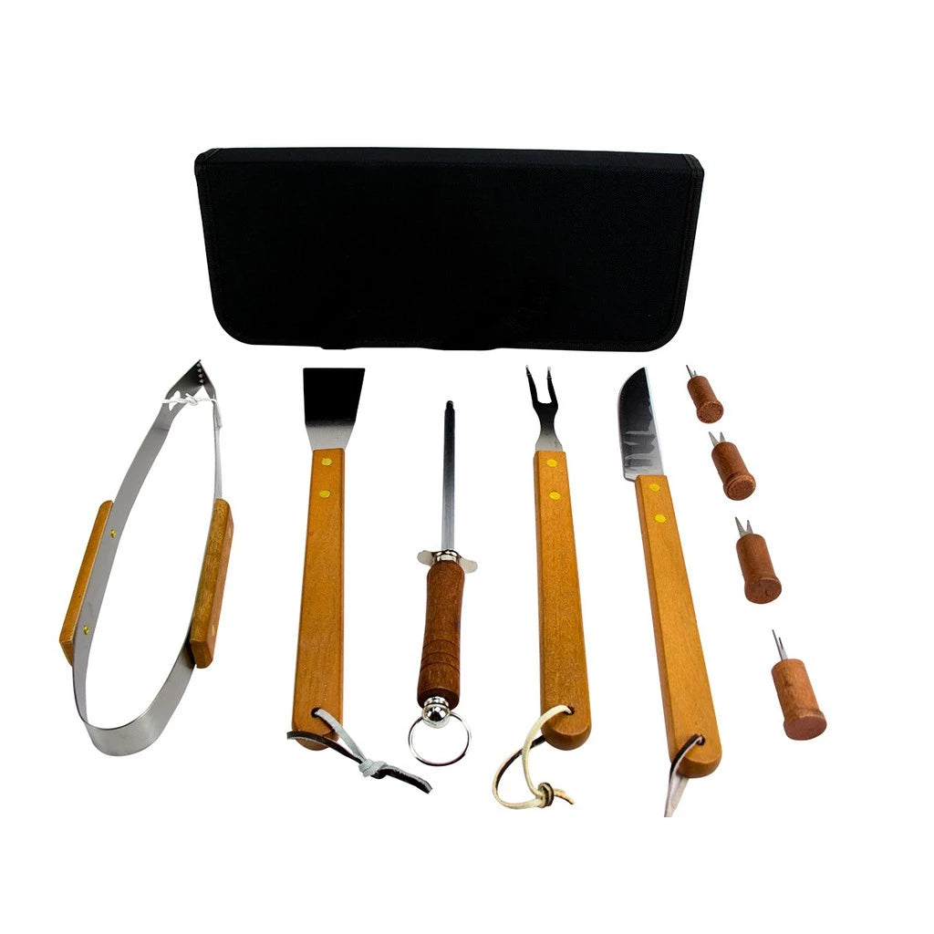 Kit Churrasco Inox Faca/garfo/pegador/espatula/amolador/chaira churrasqueiro facas
