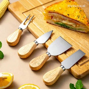 Jogo de 4 Peças Inoxidável de cortar  queijos  de Bambu