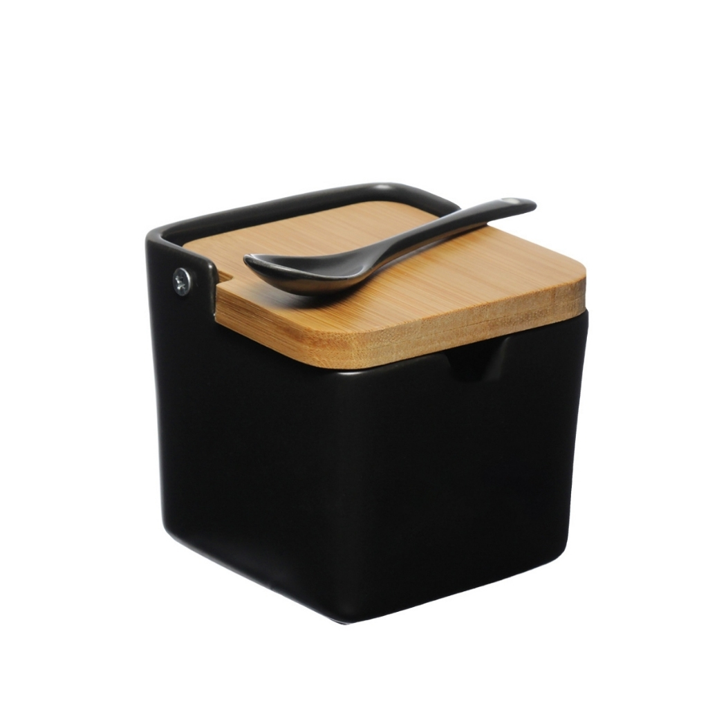 Saleiro Manhattan Premium de Porcelana com Tampa de Bambu – Preto