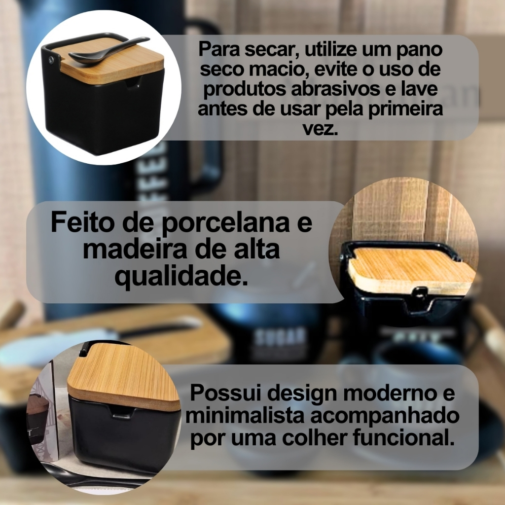 Saleiro Manhattan Premium Em Porcelana Com Tampa De Bambu Preto