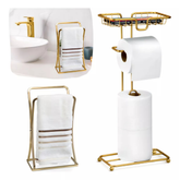 Kit Lavabo Toalheiro Porta Toalha de Rosto + Porta Papel Higiênico Celular Dourado Banheiro Arthi