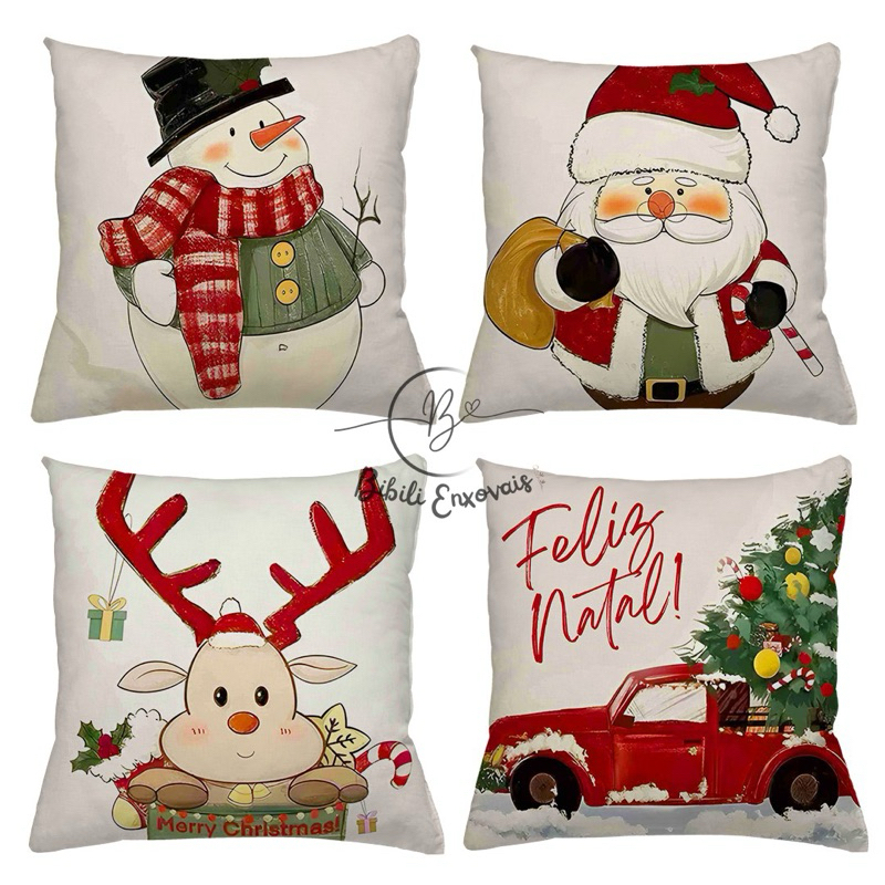 KIT 4 CAPAS DE ALMOFADAS DECORATIVAS NATAL PAPAI NOEL ,BONECO DE NEVE E RENA - TAMANHO 45X45