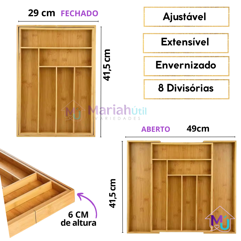 Porta Talheres Gaveta Bambu 7 e 8 Divisorias Ajustavel Extensivel Organizador Utensilios Cozinha