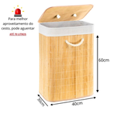 Cesto Roupa Bambu Retangular Com Tampa Alças Banheiro Bege