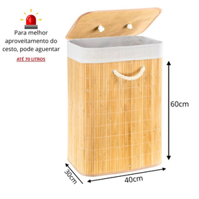 Cesto Roupa Bambu Retangular Com Tampa Alças Banheiro Bege
