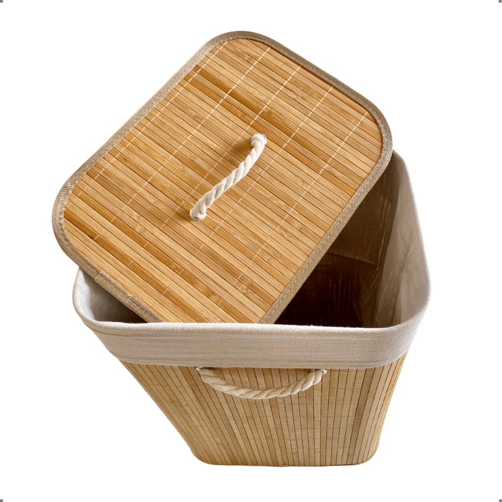 Cesto Roupa Bambu Retangular Com Tampa Alças Banheiro Bege