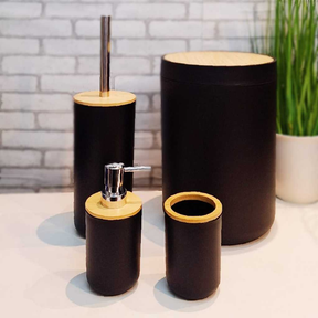 KIT BANHEIRO PRETO LAVABO detalhes em bambu lixeira com tampa de bambu lavabo escova sanitária