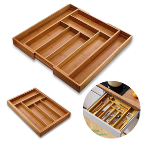 Porta Talheres Gaveta Bambu 7 e 8 Divisorias Ajustavel Extensivel Organizador Utensilios Cozinha