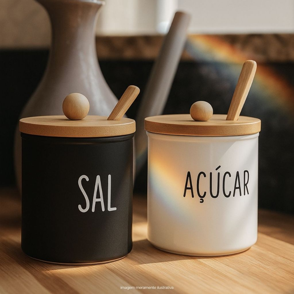 Kit de Saleiro + Açucareiro 300ml Com Tampa e Colher de Bambu Preto Branco Porta Sal Açucar