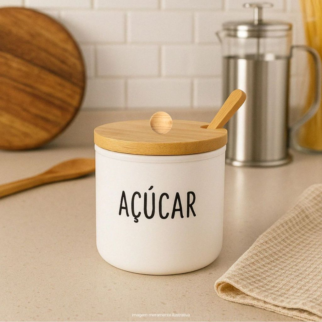 Kit de Saleiro + Açucareiro 300ml Com Tampa e Colher de Bambu Preto Branco Porta Sal Açucar