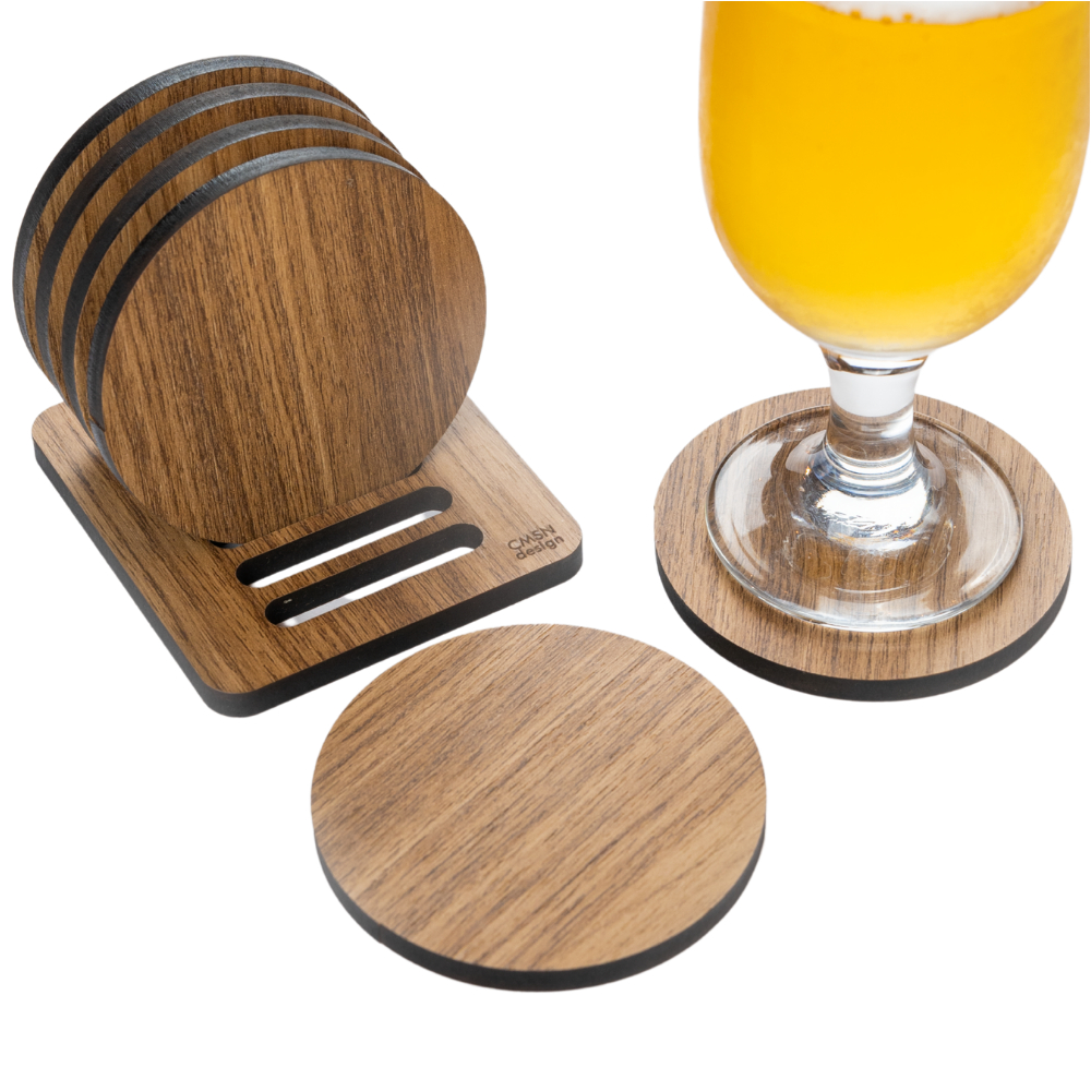 Bolacha Porta Copo Madeira Kit com 6 Peças Mais a Base, Porta Copo de Mesa, Descanso de Copo