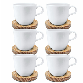 Conjunto 6 Xícaras Porcelana Branca 170 ml Pires Madeira Café Chá Mesa Café Manhã Mesa Posta Completa Aconchegante