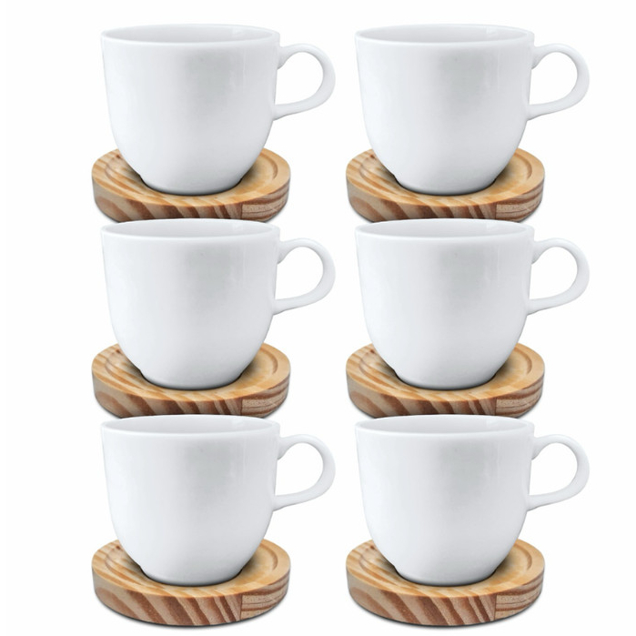 Conjunto 6 Xícaras Porcelana Branca 170 ml Pires Madeira Café Chá Mesa Café Manhã Mesa Posta Completa Aconchegante