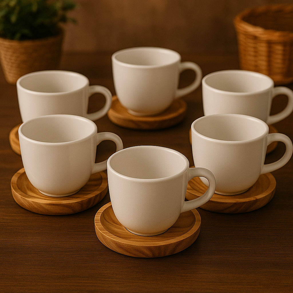 Conjunto 6 Xícaras Porcelana Branca 170 ml Pires Madeira Café Chá Mesa Café Manhã Mesa Posta Completa Aconchegante