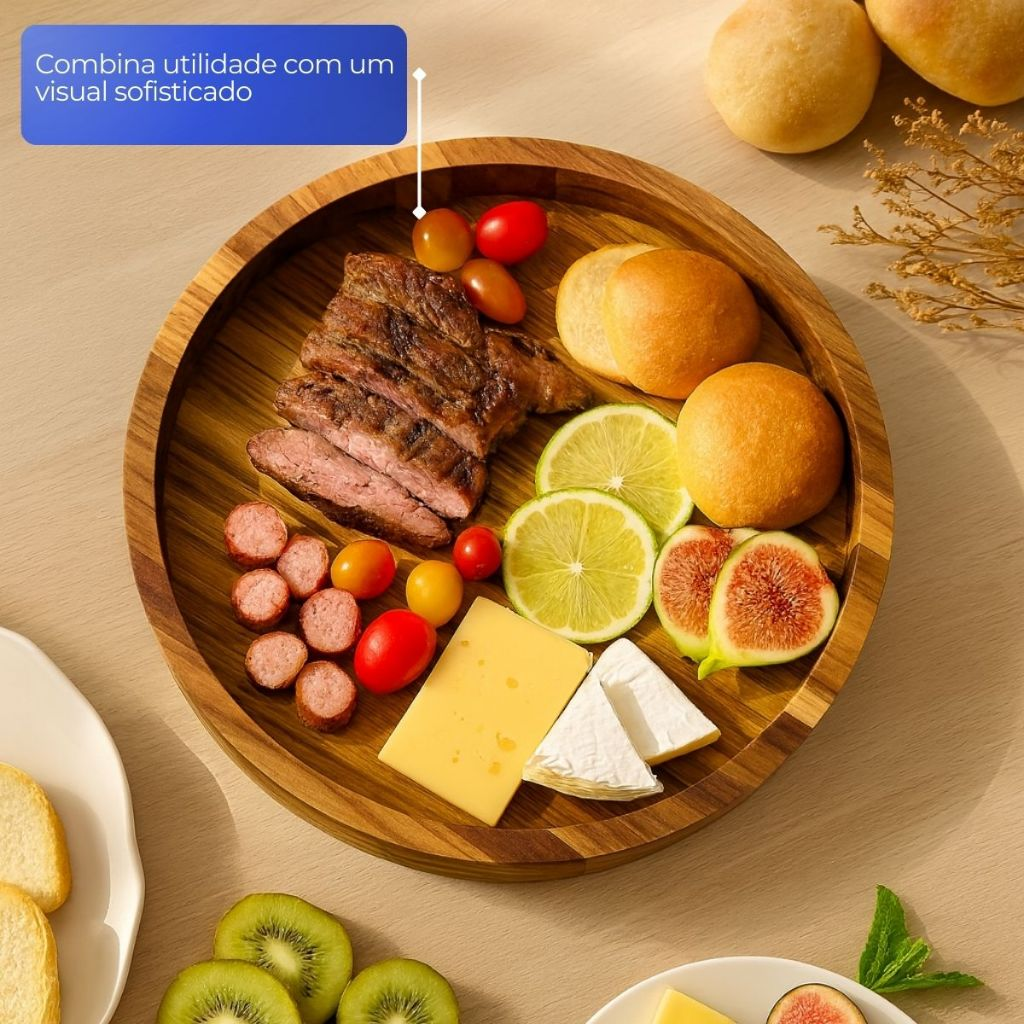 Gamela 30cm em Madeira Churrasco Porções com Tampa de Vidro