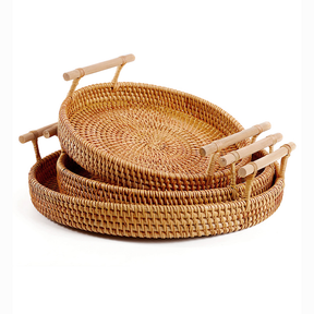 Bandeja De Vime Redonda , Cesta De Armazenamento Com Alça De Madeira Para Pão , Bolo De Frutas , Prato De Comida , Servi