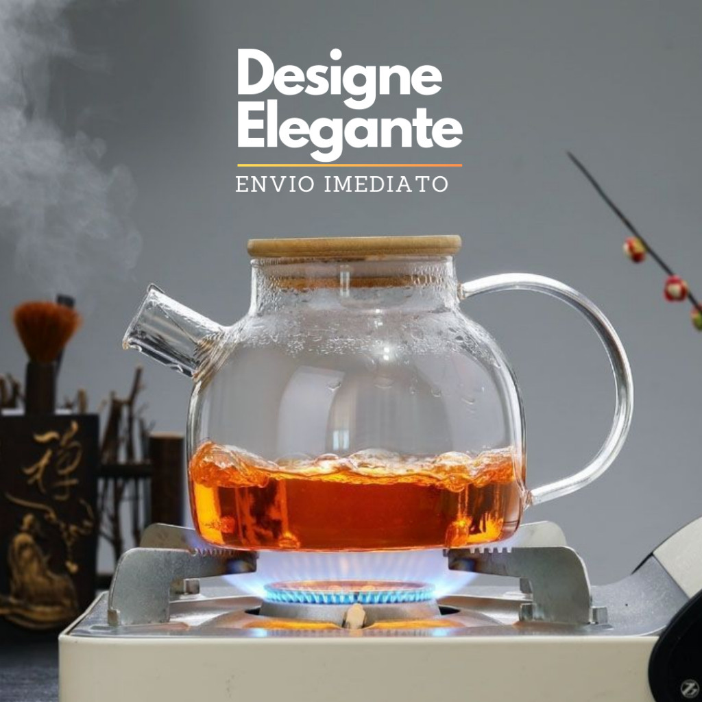Chaleira de Vidro 1 Litro Tampa de Bambu Premium Borossilicato Bule com infusor Resistente a Calor de ir Ao Fogo