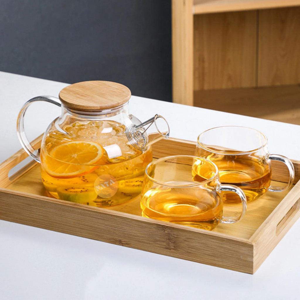 Chaleira de Vidro 1 Litro Tampa de Bambu Premium Borossilicato Bule com infusor Resistente a Calor de ir Ao Fogo