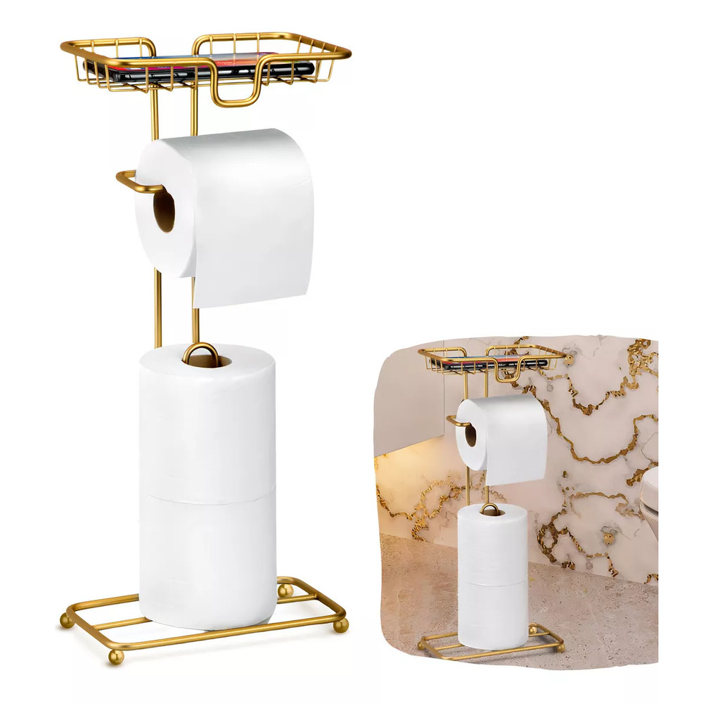 Kit Lavabo Toalheiro Porta Toalha de Rosto + Porta Papel Higiênico Celular Dourado Banheiro Arthi