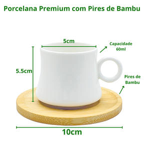 Jogo de Xícaras Café Porcelana com Pires de Bambu 2pçs 60ml 2° Linha